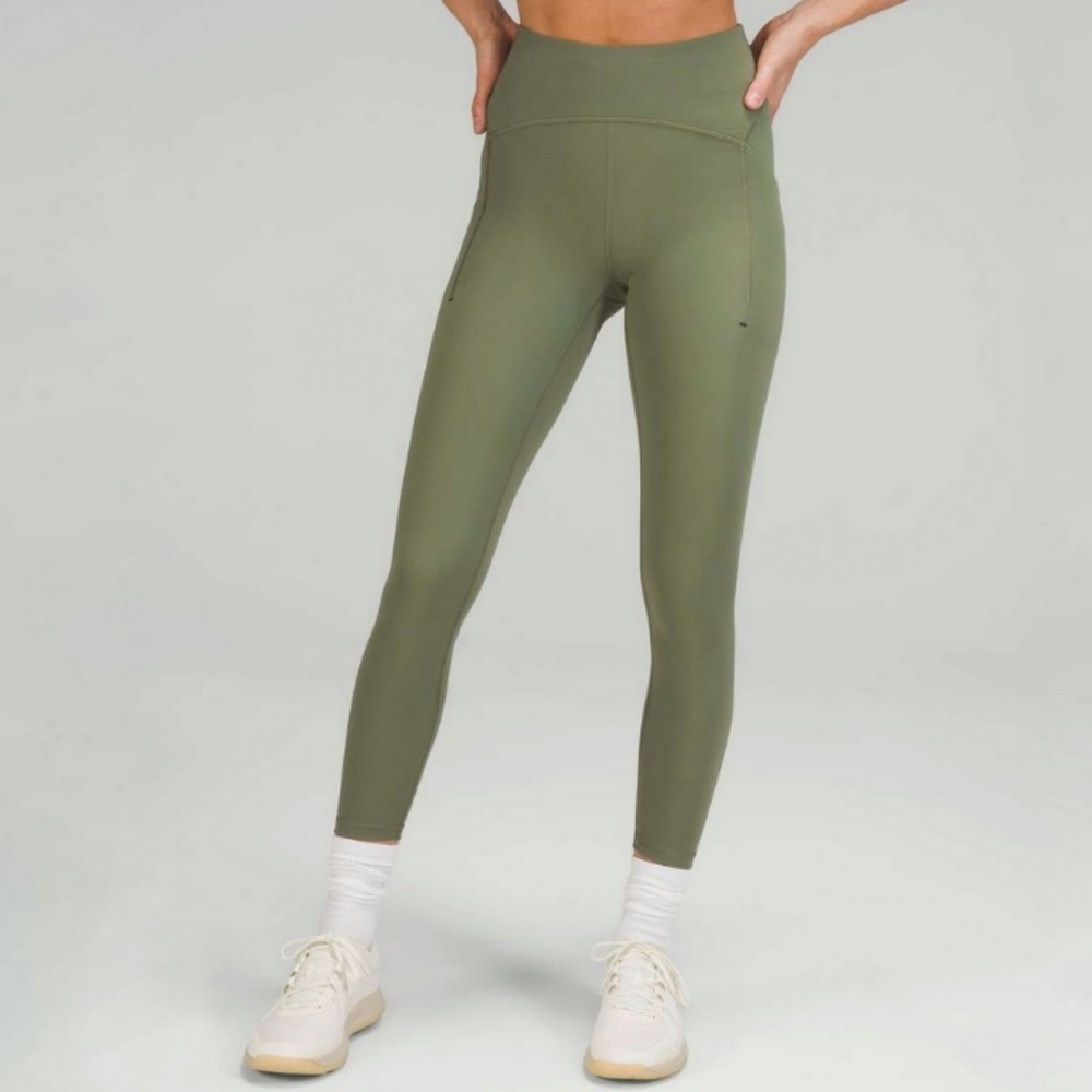 lululemon green twill power thru high rise pocket 25" leggings